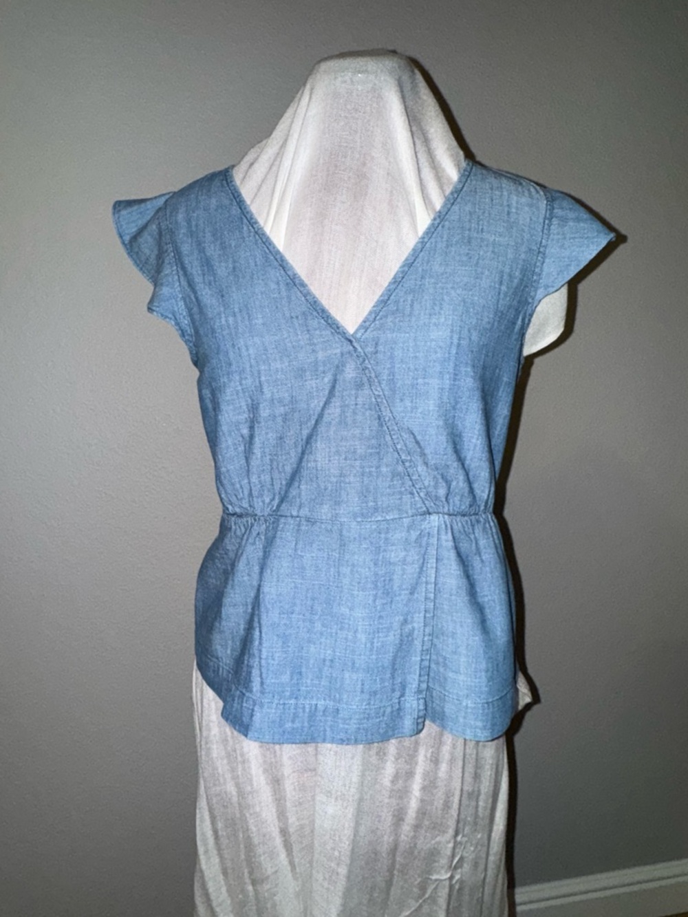 J. Crew Light Blue Chambray Wrap-Style Peplum Top